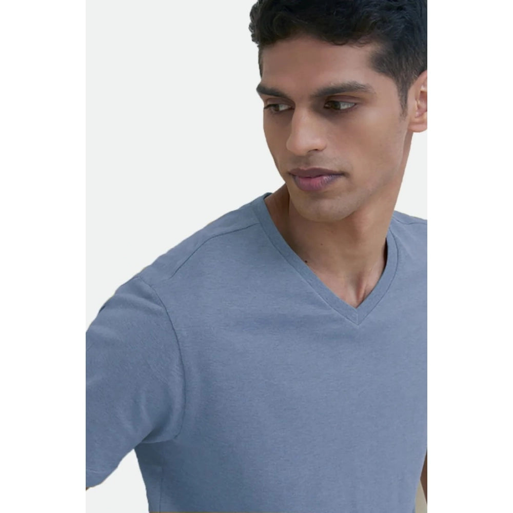 Men's Casual Half sleeve Solid Cotton V Neck T-shirt (Blue) - GillKart