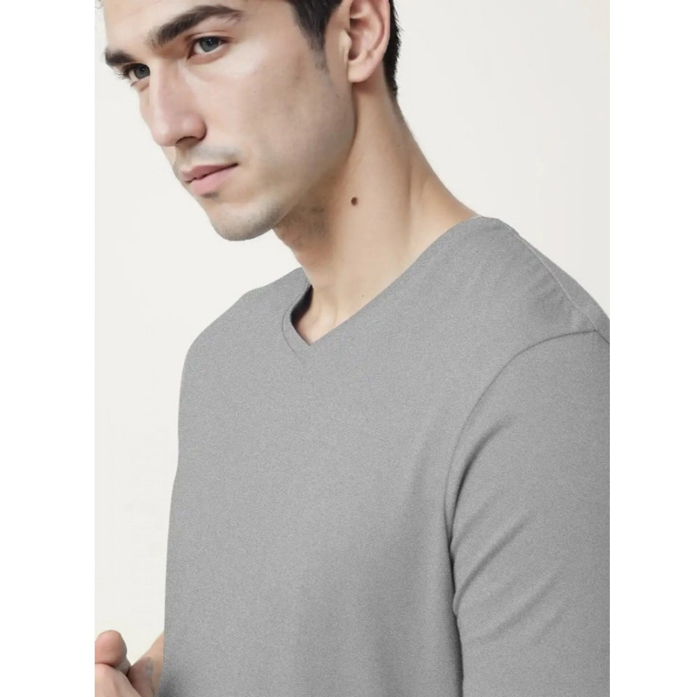 Men's Casual Half sleeve Solid Cotton V Neck T-shirt (Grey Melange) - GillKart