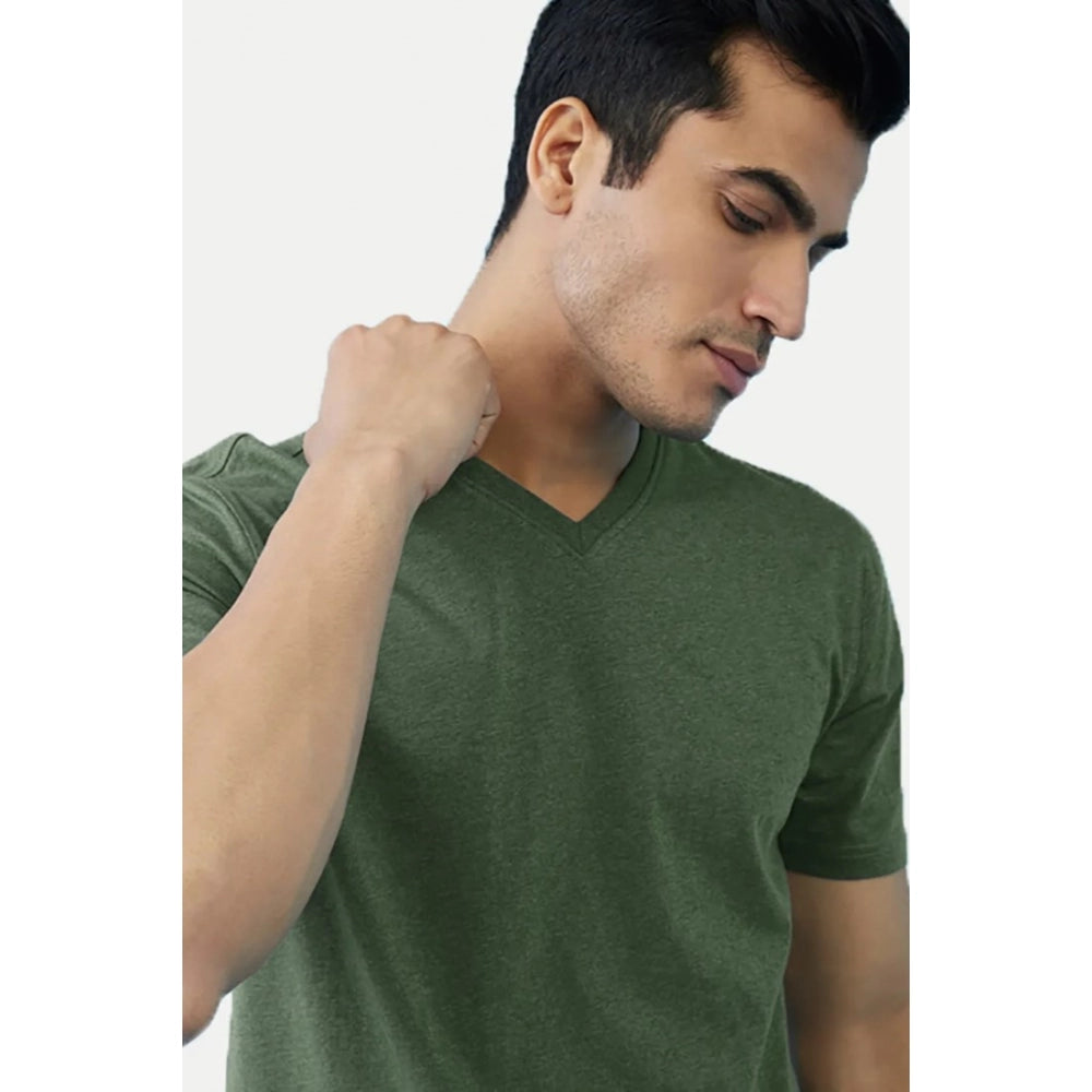 Men's Casual Half sleeve Solid Cotton V Neck T-shirt (Green) - GillKart