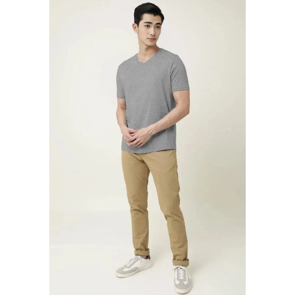 Men's Casual Half sleeve Solid Cotton V Neck T-shirt (Grey Melange) - GillKart