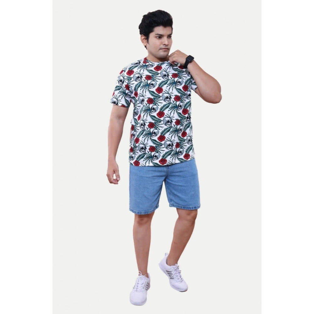 Men's Casual Half sleeve Floral Printed Cotton Crew Neck T-shirt (White) - GillKart