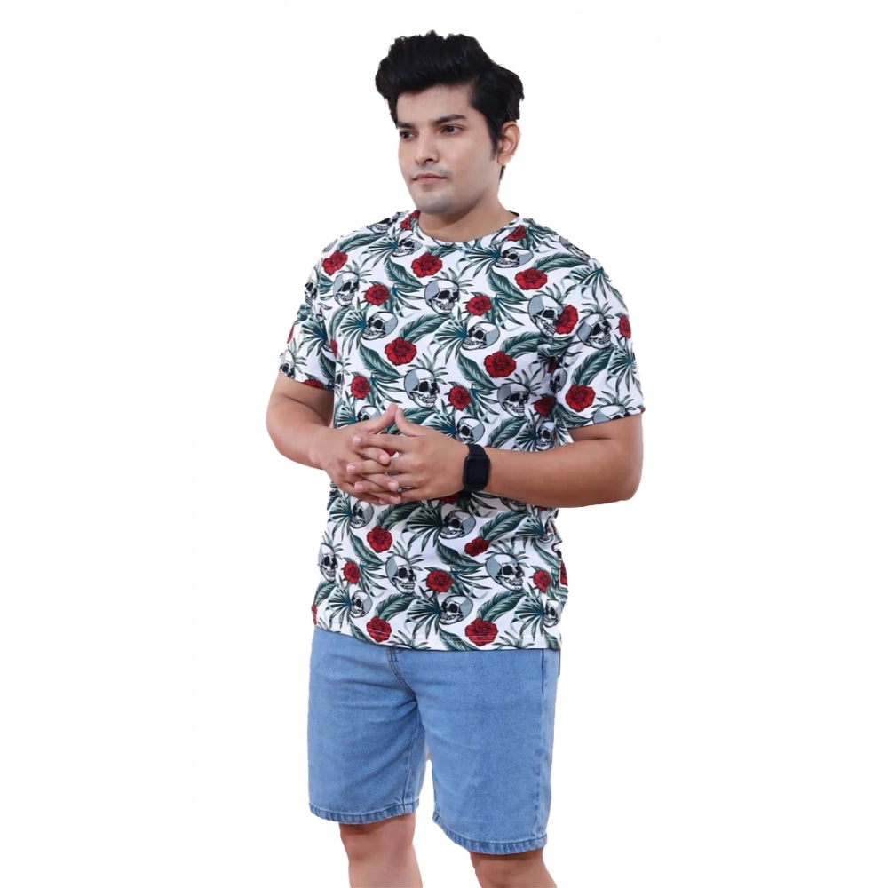 Men's Casual Half sleeve Floral Printed Cotton Crew Neck T-shirt (White) - GillKart