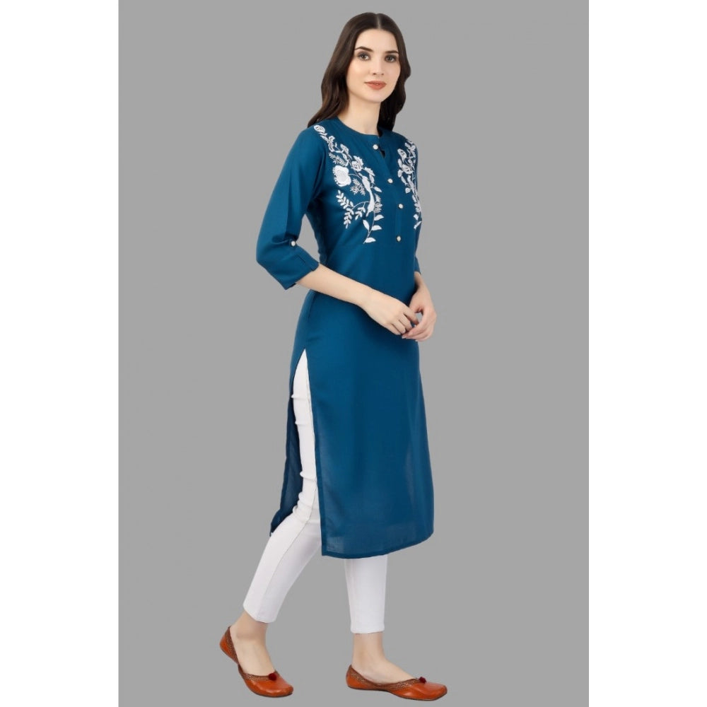 Women's Embroidered Calf Length Rayon Kurti (Light Blue) - GillKart