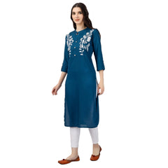 Women's Embroidered Calf Length Rayon Kurti (Light Blue) - GillKart