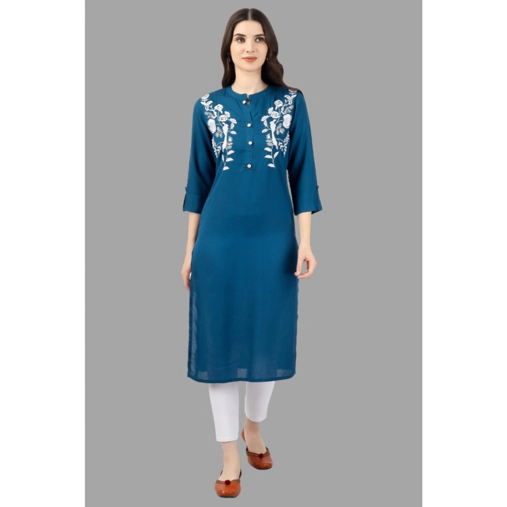 Women's Embroidered Calf Length Rayon Kurti (Light Blue) - GillKart