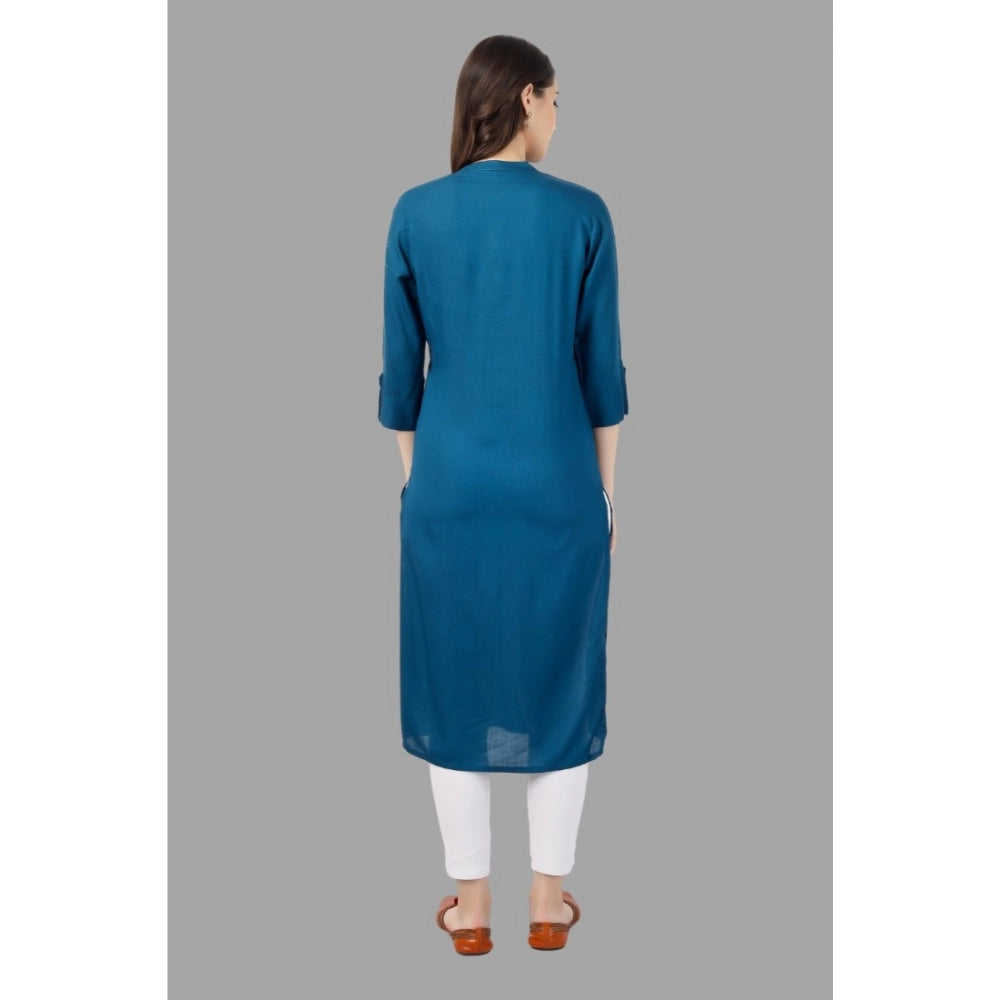 Women's Embroidered Calf Length Rayon Kurti (Light Blue) - GillKart