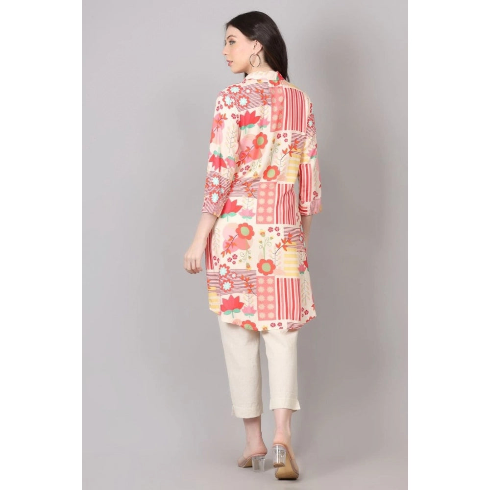 Women's Casual 3/4 Sleeve Viscose Rayon Printed Kurti (Pink) - GillKart