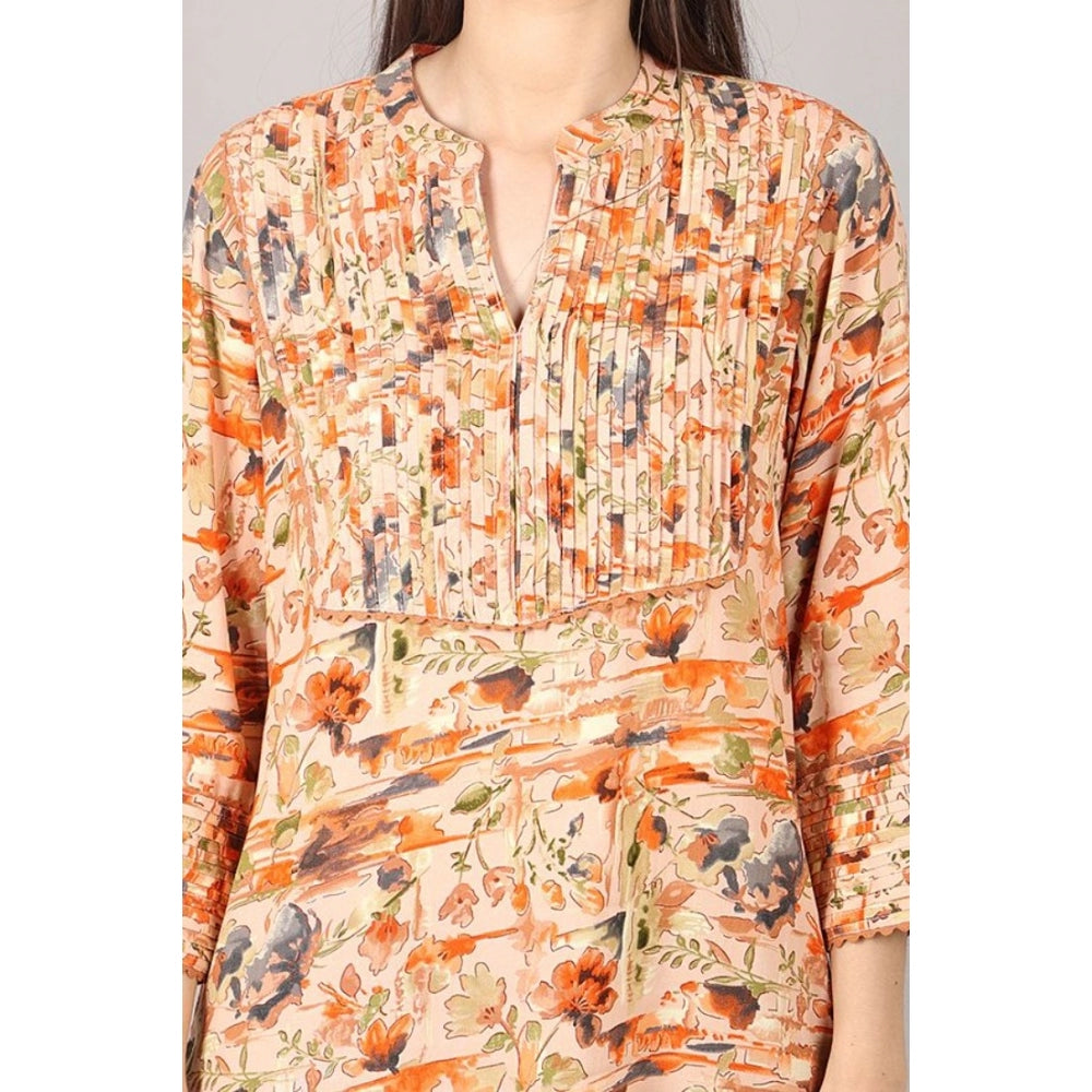 Women's Casual 3/4 Sleeve Viscose Rayon Printed Kurti (Orange) - GillKart