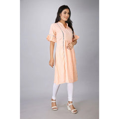 Women's Casual Short Sleeve Silk Blend Printed Kurti (Orange) - GillKart