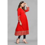 Women's Casual 3/4 Sleeve Viscose Rayon Foil Printed Kurti (Red) - GillKart