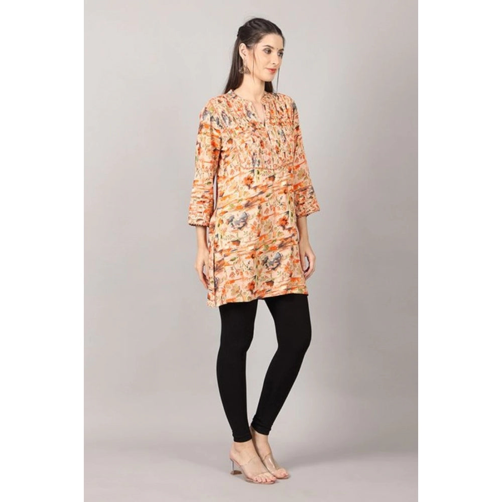 Women's Casual 3/4 Sleeve Viscose Rayon Printed Kurti (Orange) - GillKart