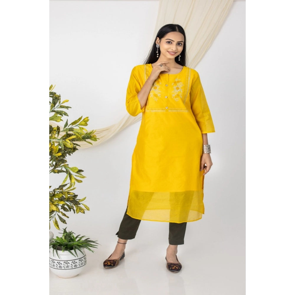 Women's Casual 3/4 Sleeve Chanderi Printed Kurti (Yellow) - GillKart