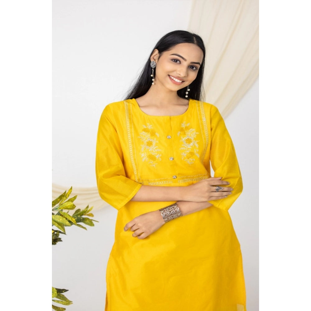 Women's Casual 3/4 Sleeve Chanderi Printed Kurti (Yellow) - GillKart