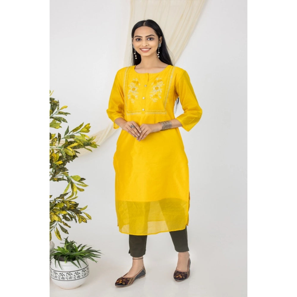 Women's Casual 3/4 Sleeve Chanderi Printed Kurti (Yellow) - GillKart