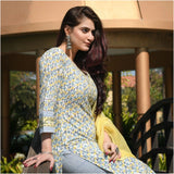 Womens Casual 34th Sleeve Printed Cotton Kurti Set Yellow