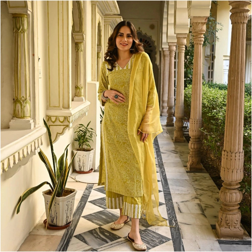 Women's Casual 3/4th Sleeve Printed Cotton Kurti Set (Mustard) - GillKart