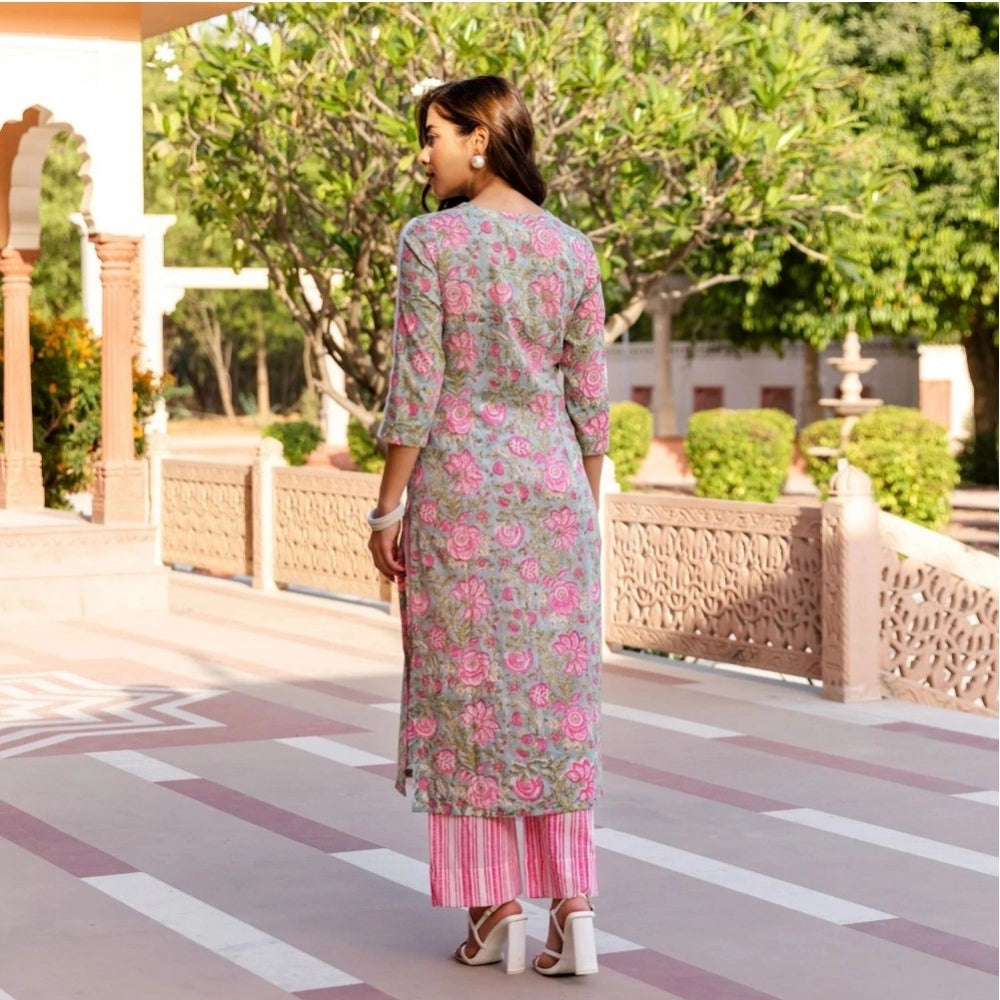 Women's Casual 3/4th Sleeve Printed Cotton Kurti Set (Pink) - GillKart