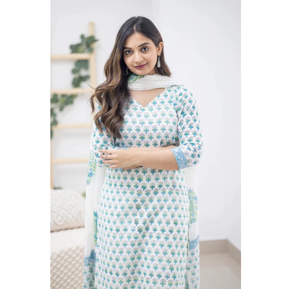 Women's Casual 3/4th Sleeve Printed Cotton Kurti Set (Sky Blue) - GillKart