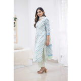 Women's Casual 3/4th Sleeve Printed Cotton Kurti Set (Sky Blue) - GillKart