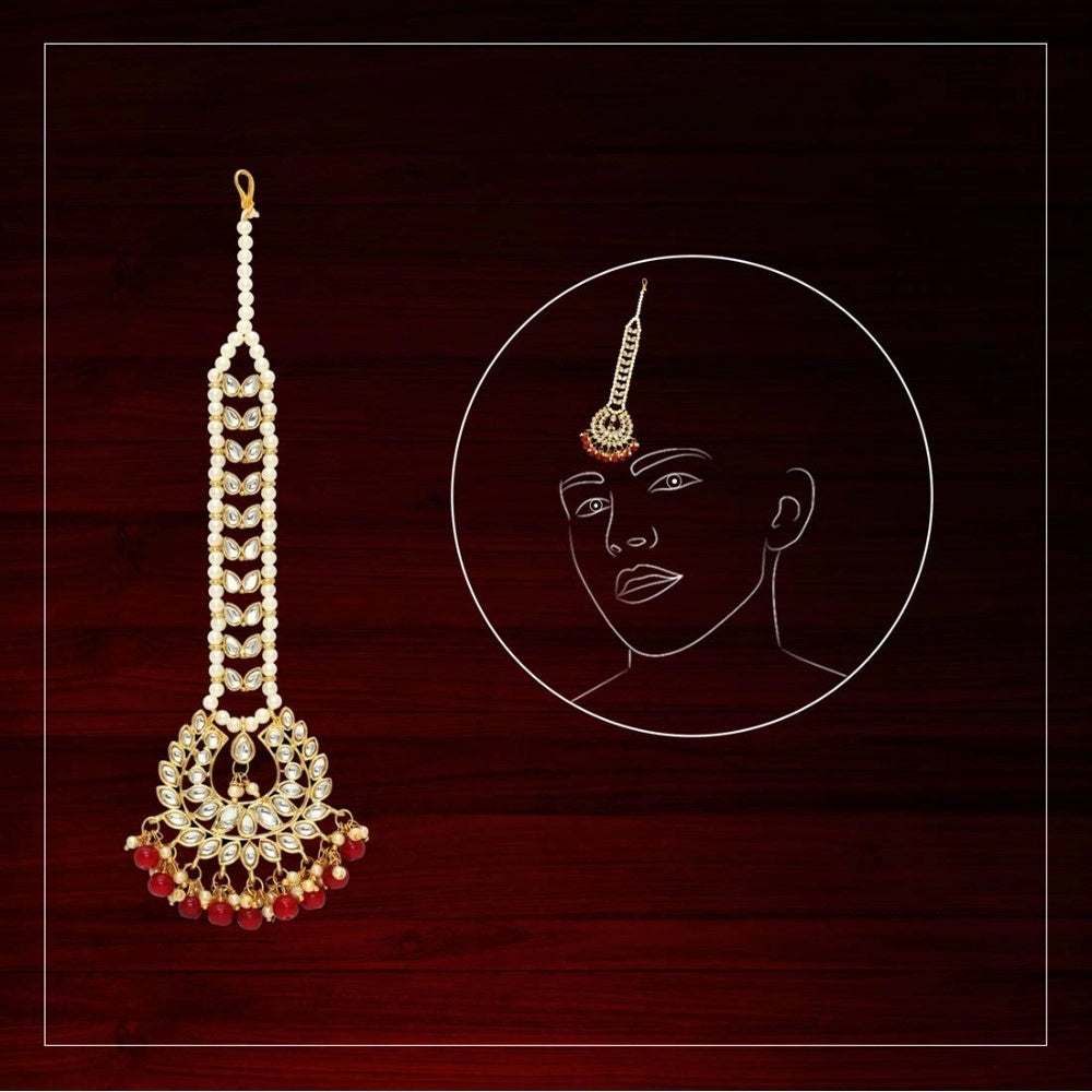 Women's Red Color Imitation Pearl &amp; Kundan Maang Tikka - GillKart