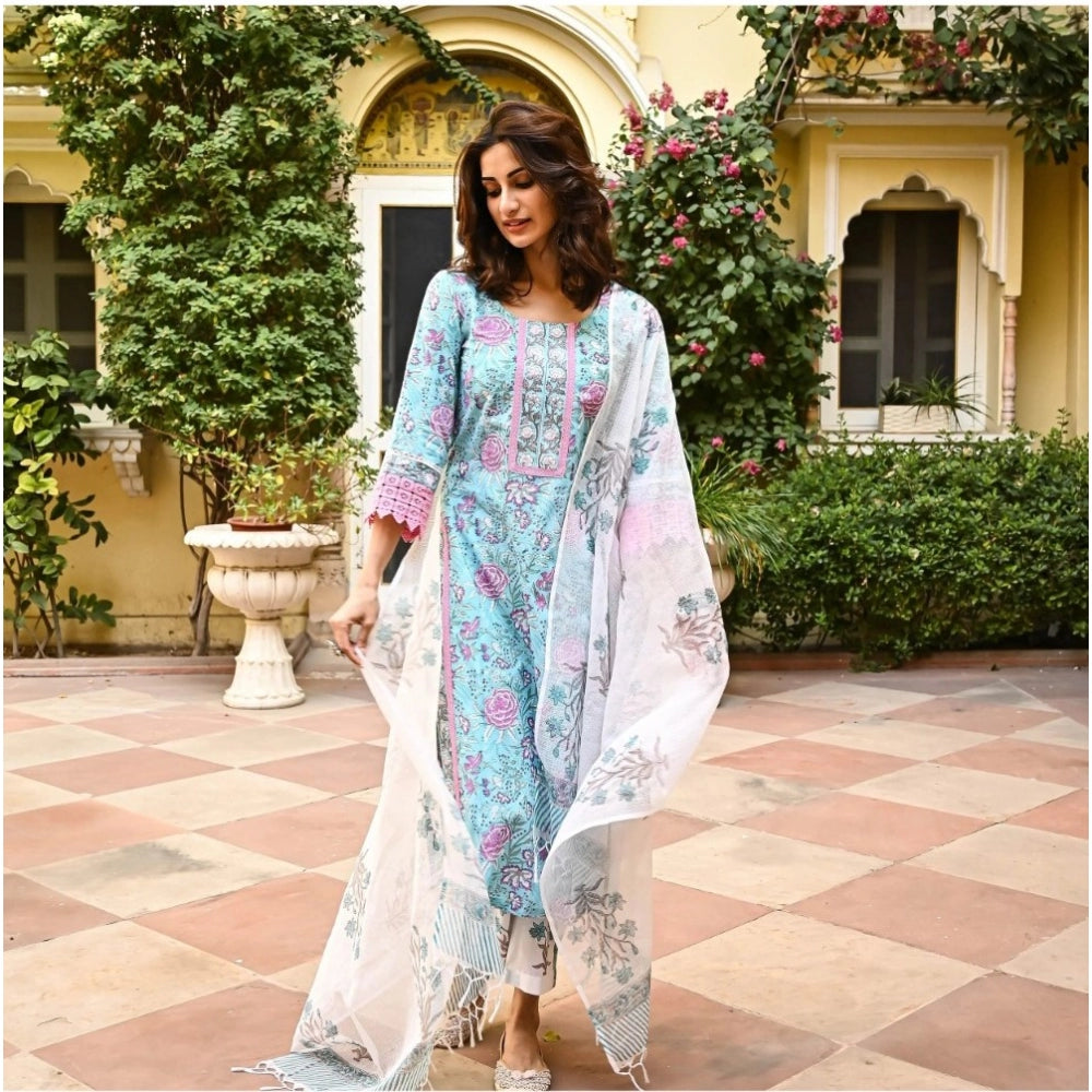 Women's Casual 3/4th Sleeve Floral Print Cotton Kurti Set (Skyblue) - GillKart