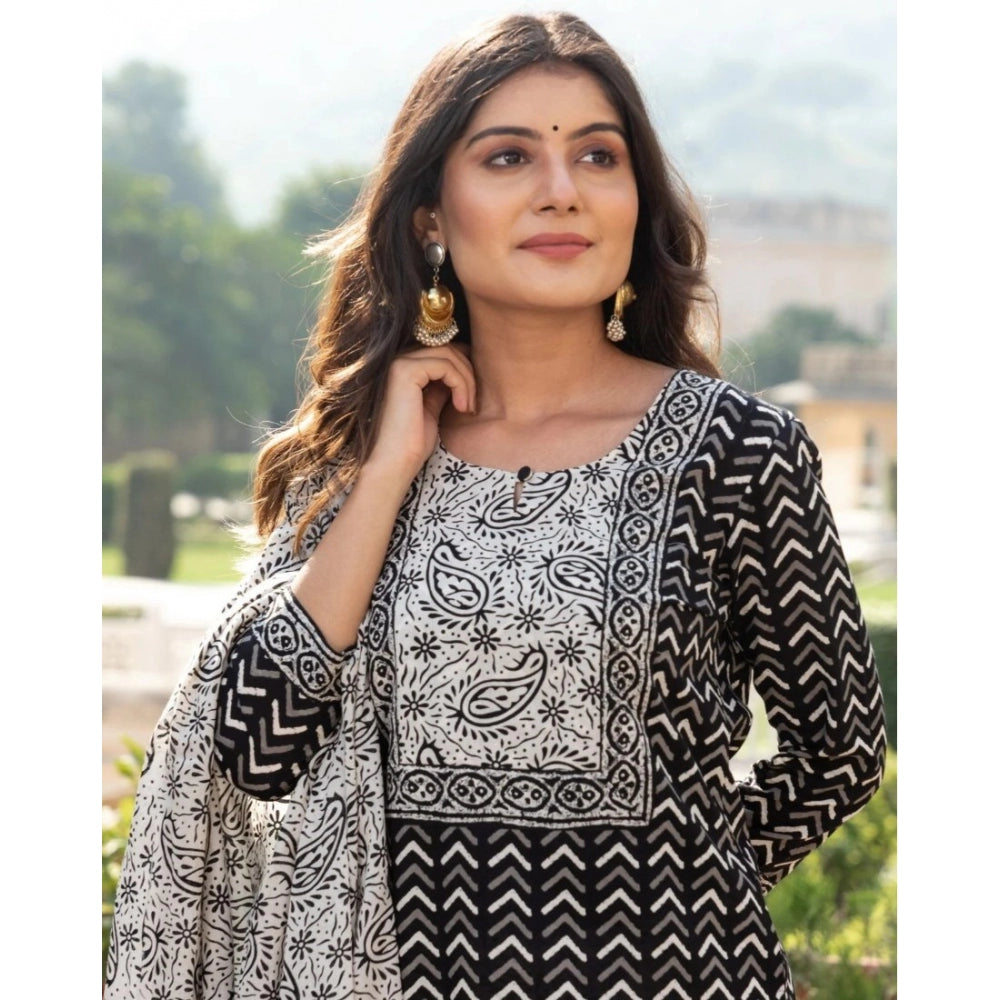 Women's Casual 3/4th Sleeve Printed Cotton Kurti Set (Black) - GillKart