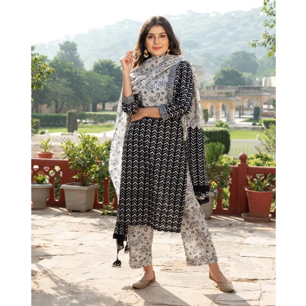 Women's Casual 3/4th Sleeve Printed Cotton Kurti Set (Black) - GillKart