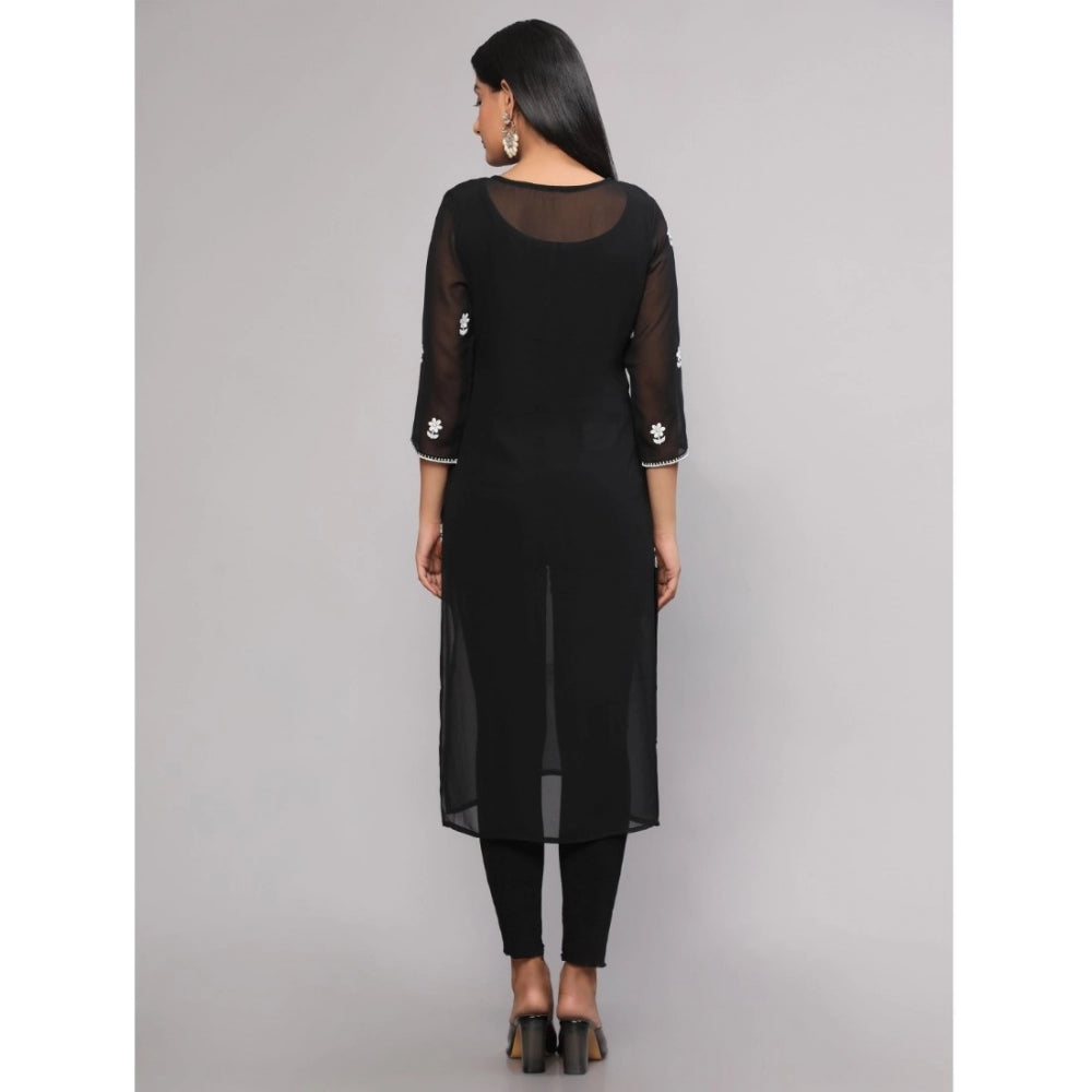 Women's Casual 3/4th Sleeve Embroidered Georgette Kurti (Black) - GillKart