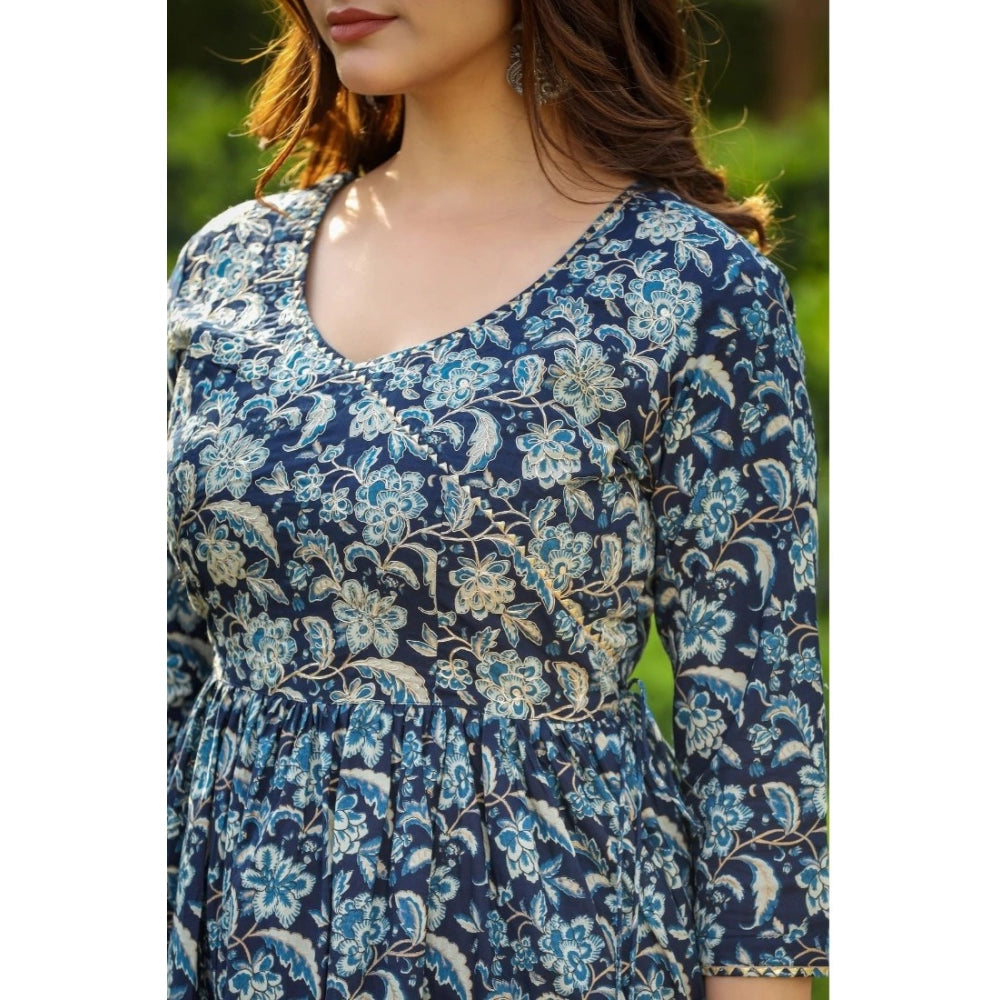 Women's Casual 3/4th Sleeve Printed Cotton Kurti Set (Navy Blue) - GillKart