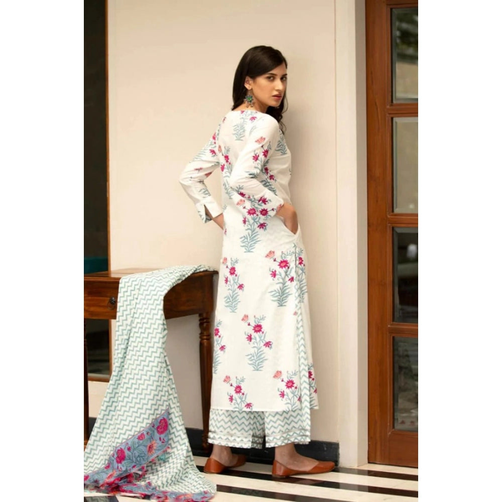 Women's Casual 3/4th Sleeve Floral Print Cotton Kurti Set (White) - GillKart