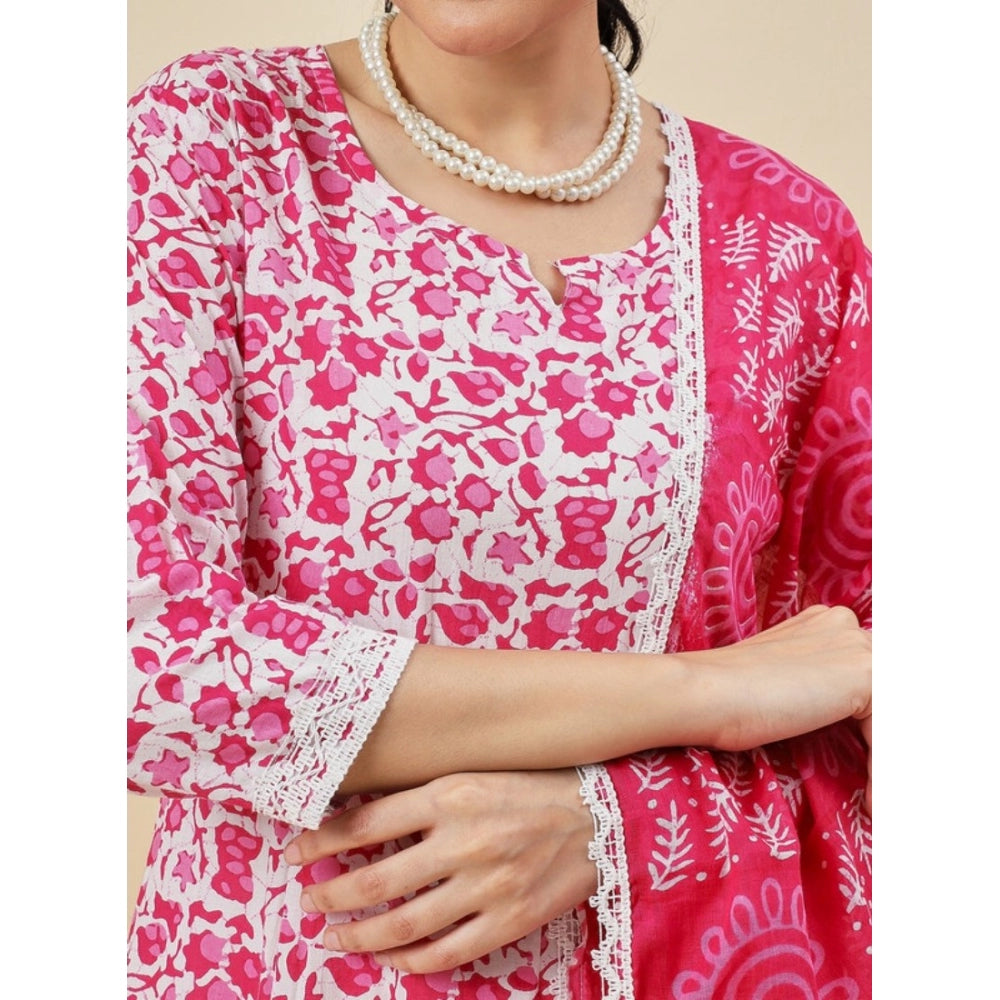 Women's Casual 3/4th Sleeve Printed Cotton Kurti Set (Pink) - GillKart