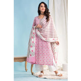 Womens Casual 34th Sleeve Printed Cotton Kurti Set Pink