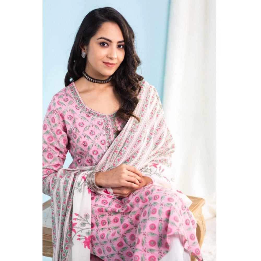 Womens Casual 34th Sleeve Printed Cotton Kurti Set Pink