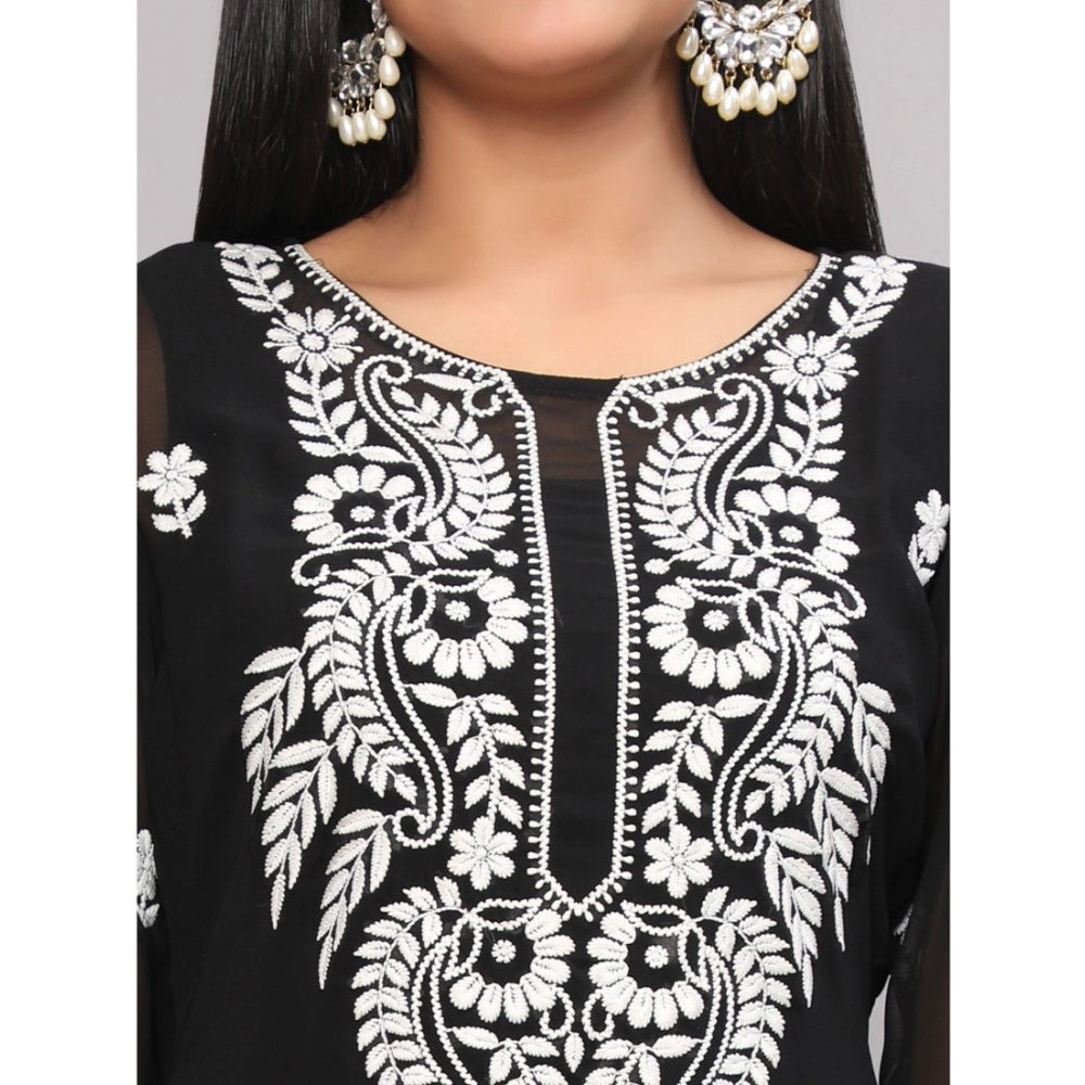 Women's Casual 3/4th Sleeve Embroidered Georgette Kurti (Black) - GillKart