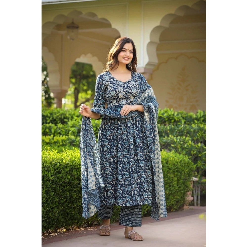 Women's Casual 3/4th Sleeve Printed Cotton Kurti Set (Navy Blue) - GillKart