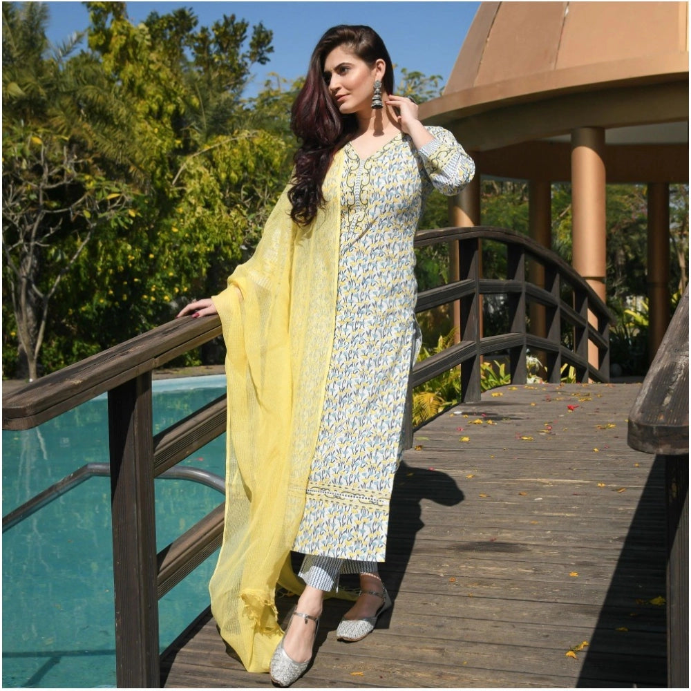 Womens Casual 34th Sleeve Printed Cotton Kurti Set Yellow