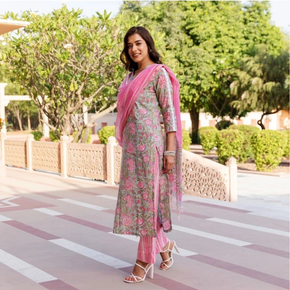 Women's Casual 3/4th Sleeve Printed Cotton Kurti Set (Pink) - GillKart