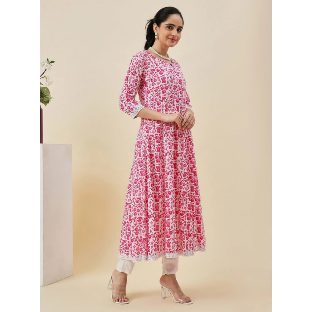 Women's Casual 3/4th Sleeve Printed Cotton Kurti Set (Pink) - GillKart