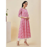 Women's Casual 3/4th Sleeve Printed Cotton Kurti Set (Pink) - GillKart