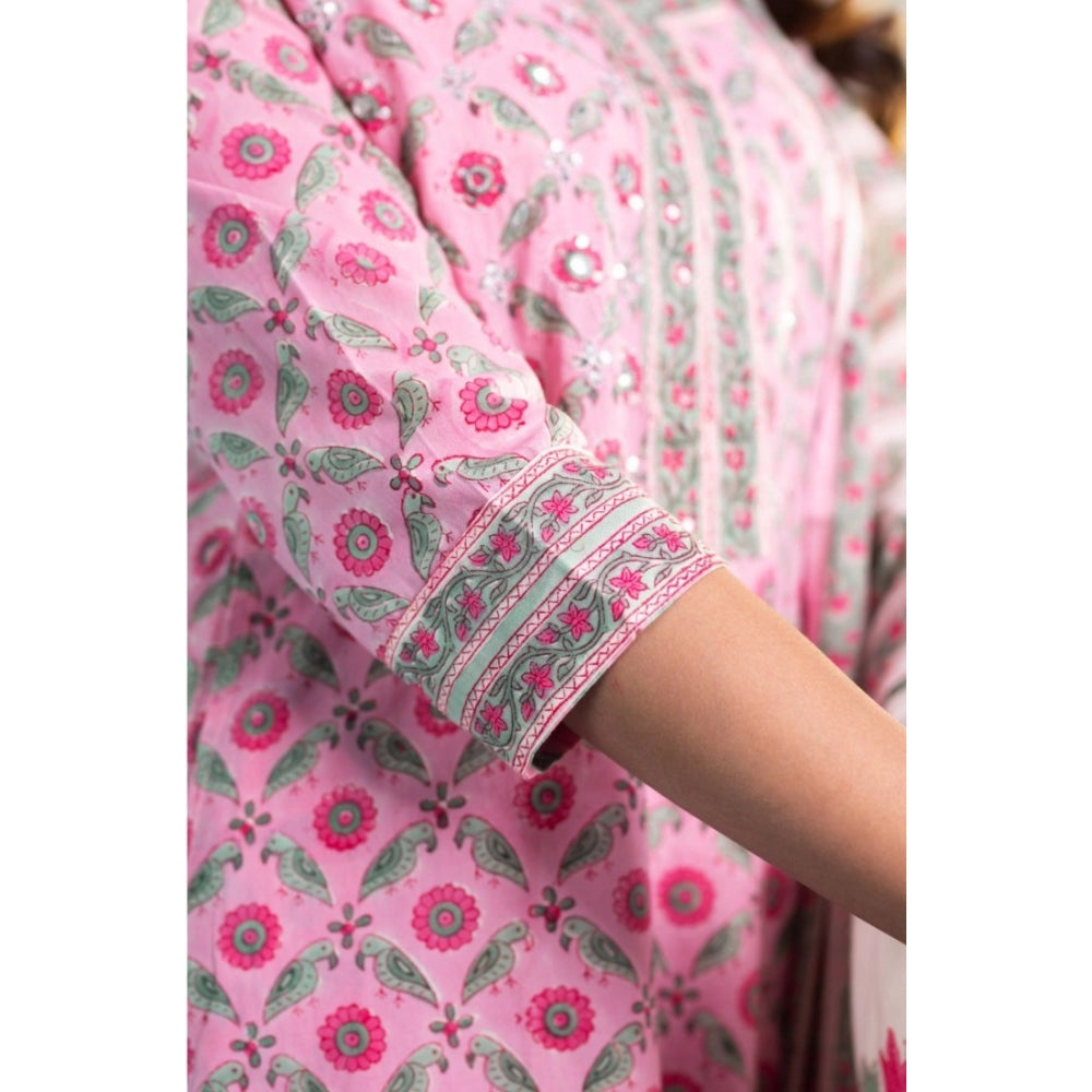 Womens Casual 34th Sleeve Printed Cotton Kurti Set Pink