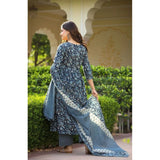 Women's Casual 3/4th Sleeve Printed Cotton Kurti Set (Navy Blue) - GillKart