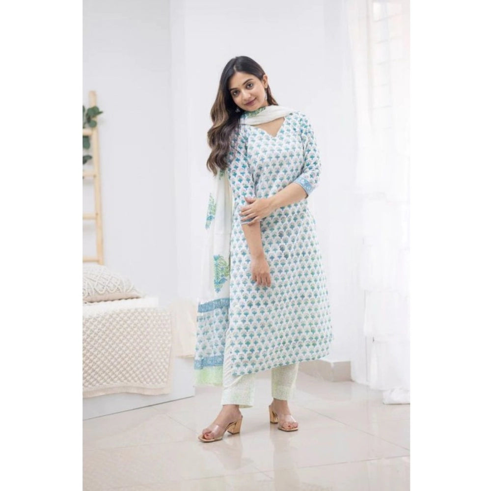 Women's Casual 3/4th Sleeve Printed Cotton Kurti Set (Sky Blue) - GillKart