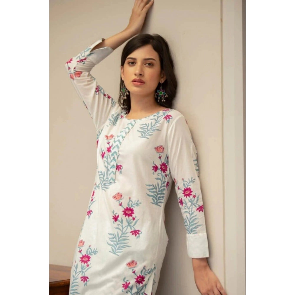 Women's Casual 3/4th Sleeve Floral Print Cotton Kurti Set (White) - GillKart