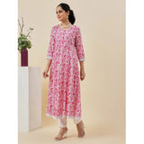 Women's Casual 3/4th Sleeve Printed Cotton Kurti Set (Pink) - GillKart