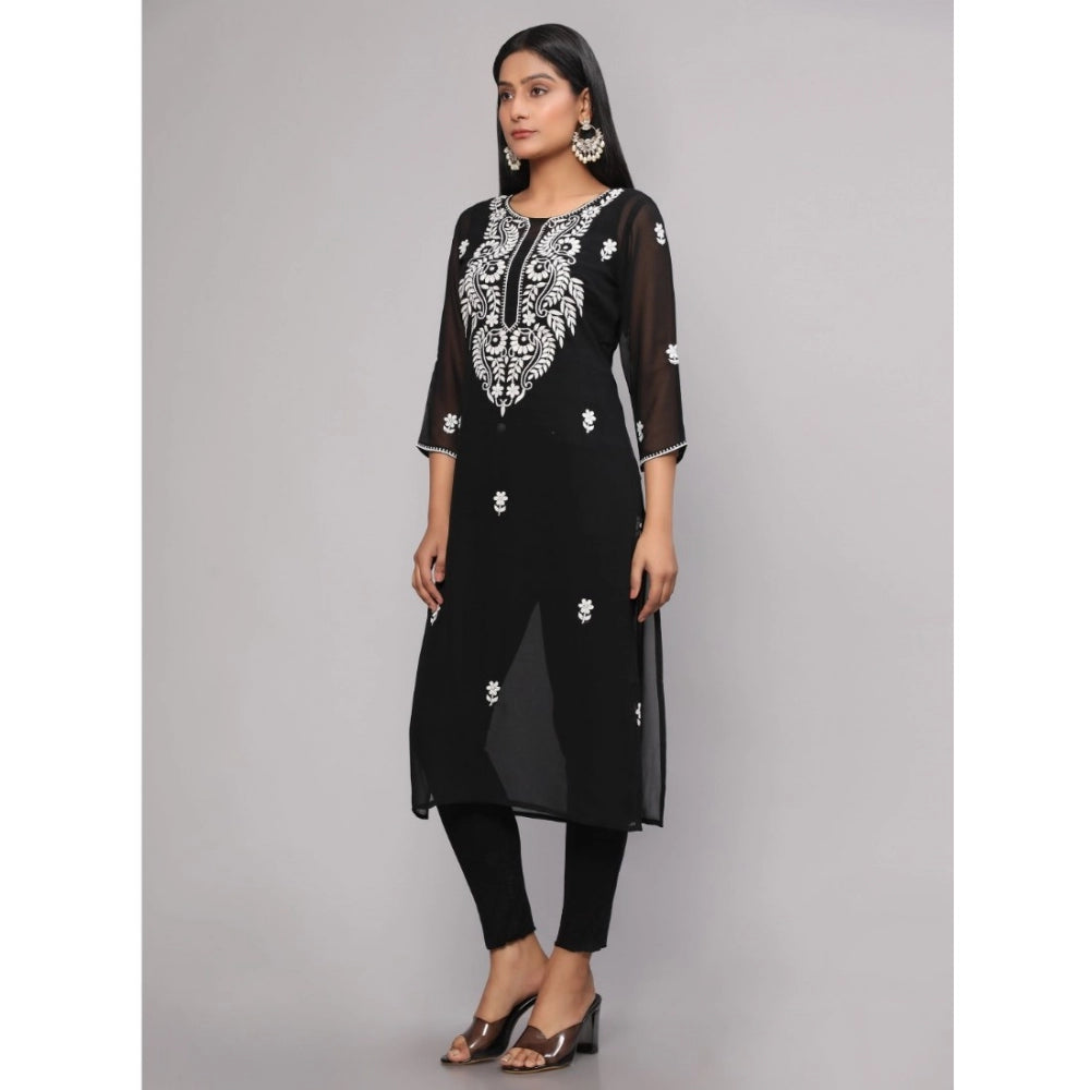 Women's Casual 3/4th Sleeve Embroidered Georgette Kurti (Black) - GillKart