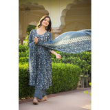 Women's Casual 3/4th Sleeve Printed Cotton Kurti Set (Navy Blue) - GillKart