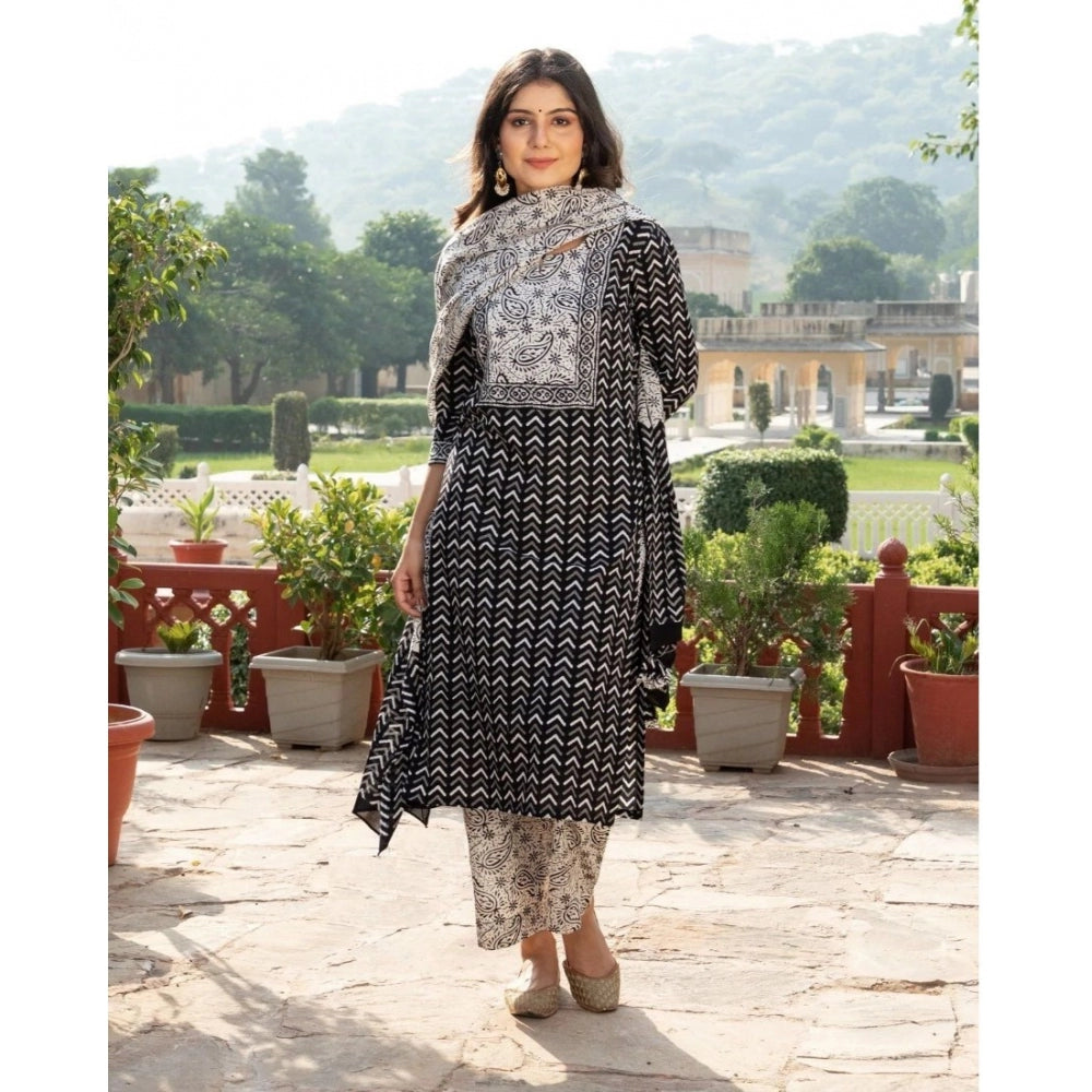 Women's Casual 3/4th Sleeve Printed Cotton Kurti Set (Black) - GillKart