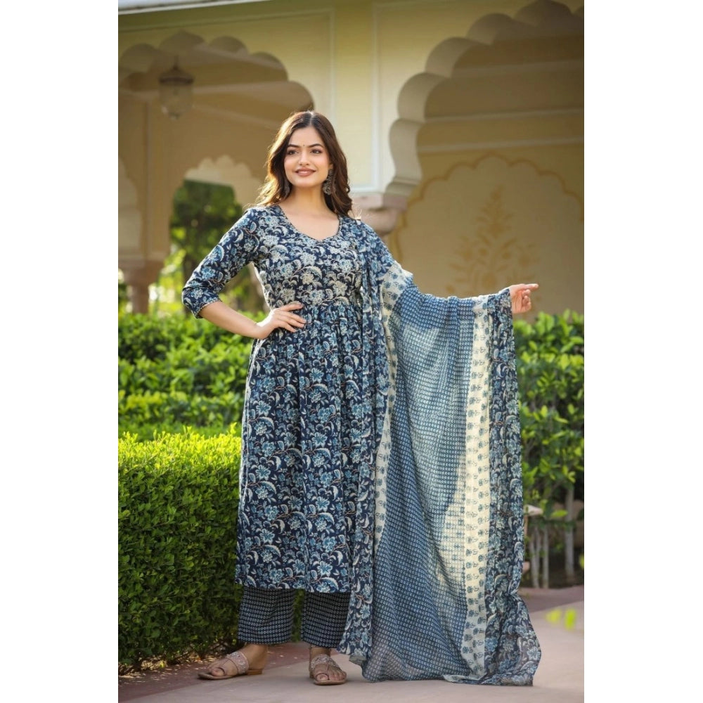 Women's Casual 3/4th Sleeve Printed Cotton Kurti Set (Navy Blue) - GillKart