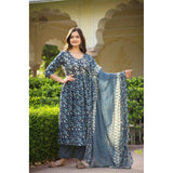 Women's Casual 3/4th Sleeve Printed Cotton Kurti Set (Navy Blue) - GillKart