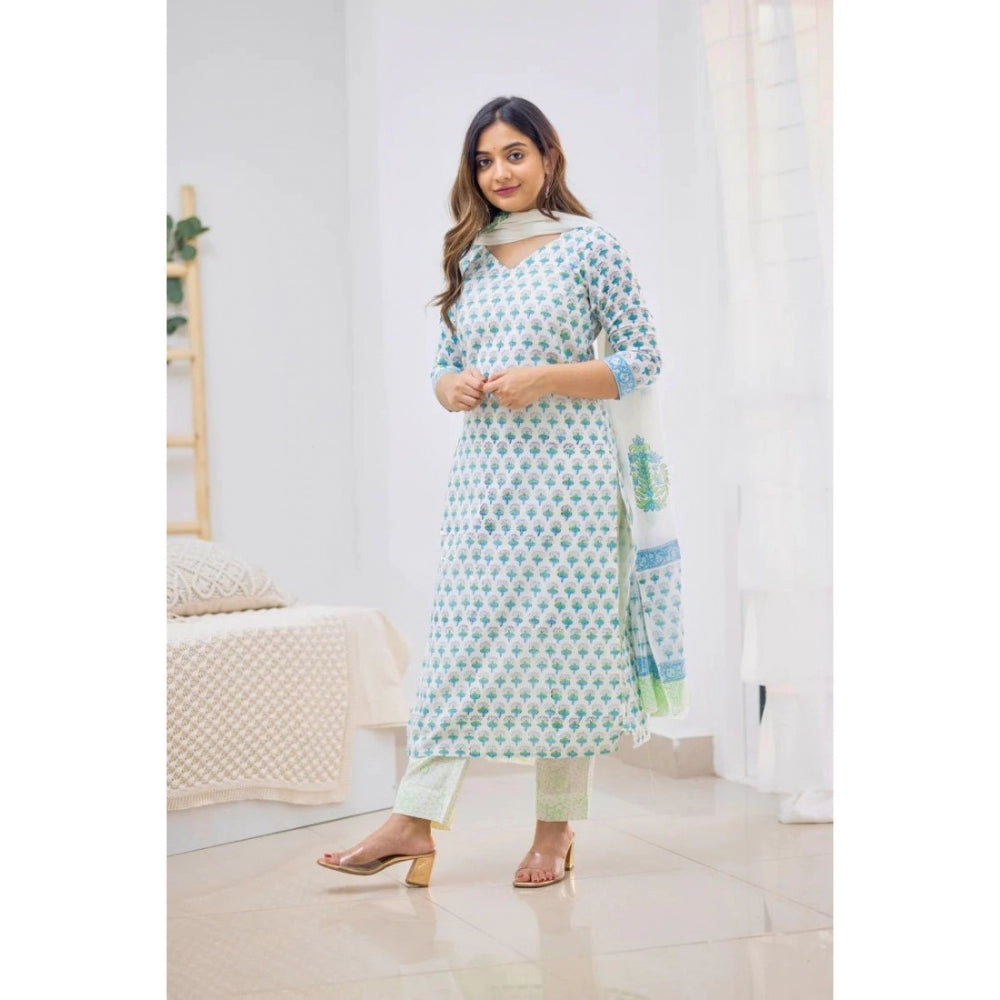 Women's Casual 3/4th Sleeve Printed Cotton Kurti Set (Sky Blue) - GillKart